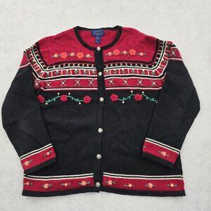 VTG Willow Ridge Cardigan Sweater Size Large 3D Crochet Flowers Ornate Buttons